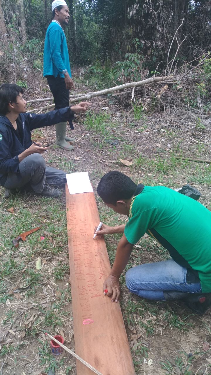 <p>Figure 3. Mr. Icam is making a no-logging sign. Photo by: Thontowi Suhada</p>
